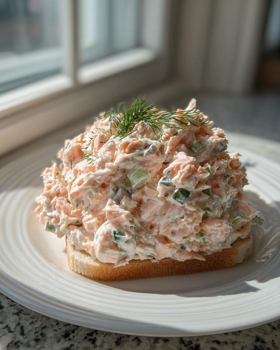 A generous mound of creamy salmon salad with visible celery chunks served open-faced on a slice of white bread, garnished with dill.