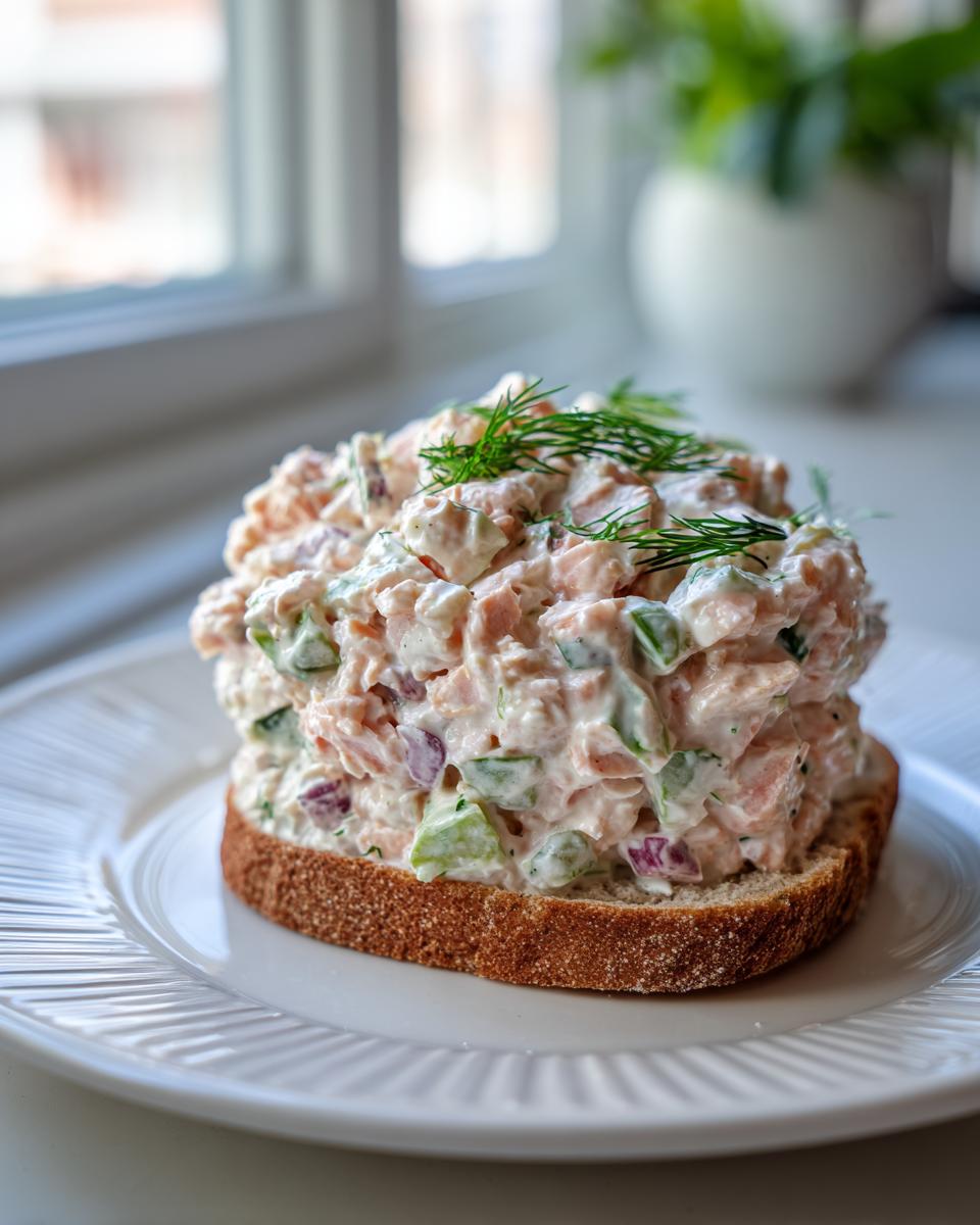 A generous scoop of creamy salmon salad piled high on a slice of brown bread, garnished with fresh dill.