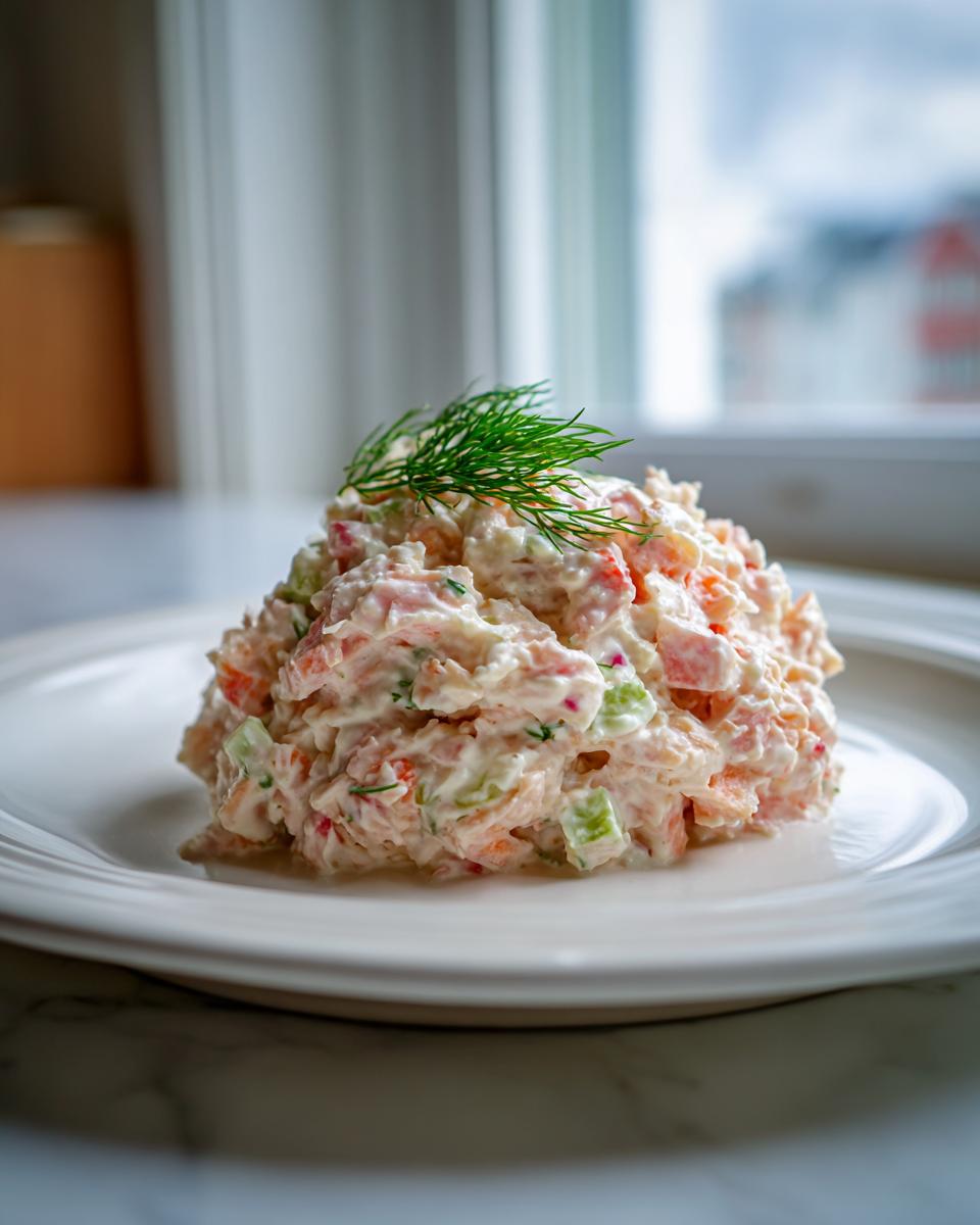 A mound of creamy salmon salad mixed with chopped vegetables, garnished with fresh dill, served on a white plate.