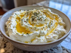 A close-up of creamy, fluffy whipped feta dip drizzled generously with golden olive oil and sprinkled with fresh dill.