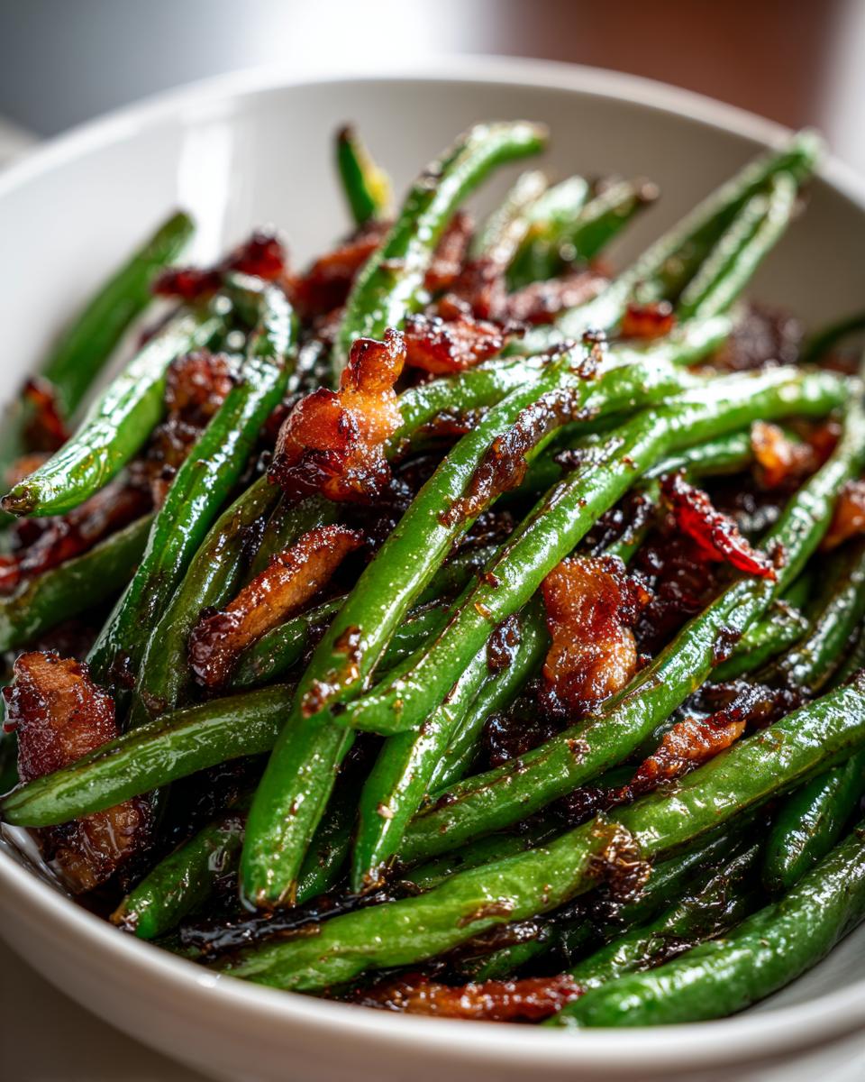 Close-up of bright green beans tossed with caramelized bacon bits in a white bowl.