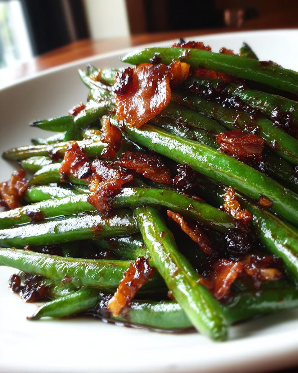 Close-up of glossy, vibrant green beans tossed with caramelized bacon pieces, highlighting the addicting flavor bomb glaze.