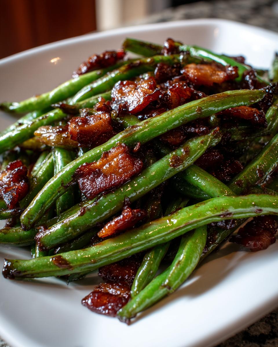 Close-up of glossy, bright green beans tossed with caramelized bacon pieces, highlighting the addicting flavor bomb green beans.