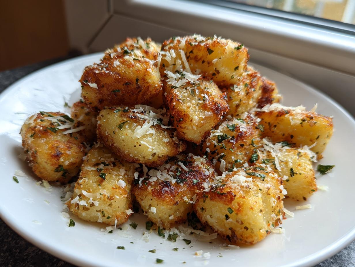 A pile of golden brown, crispy air fryer gnocchi topped with grated Parmesan cheese and chopped parsley.