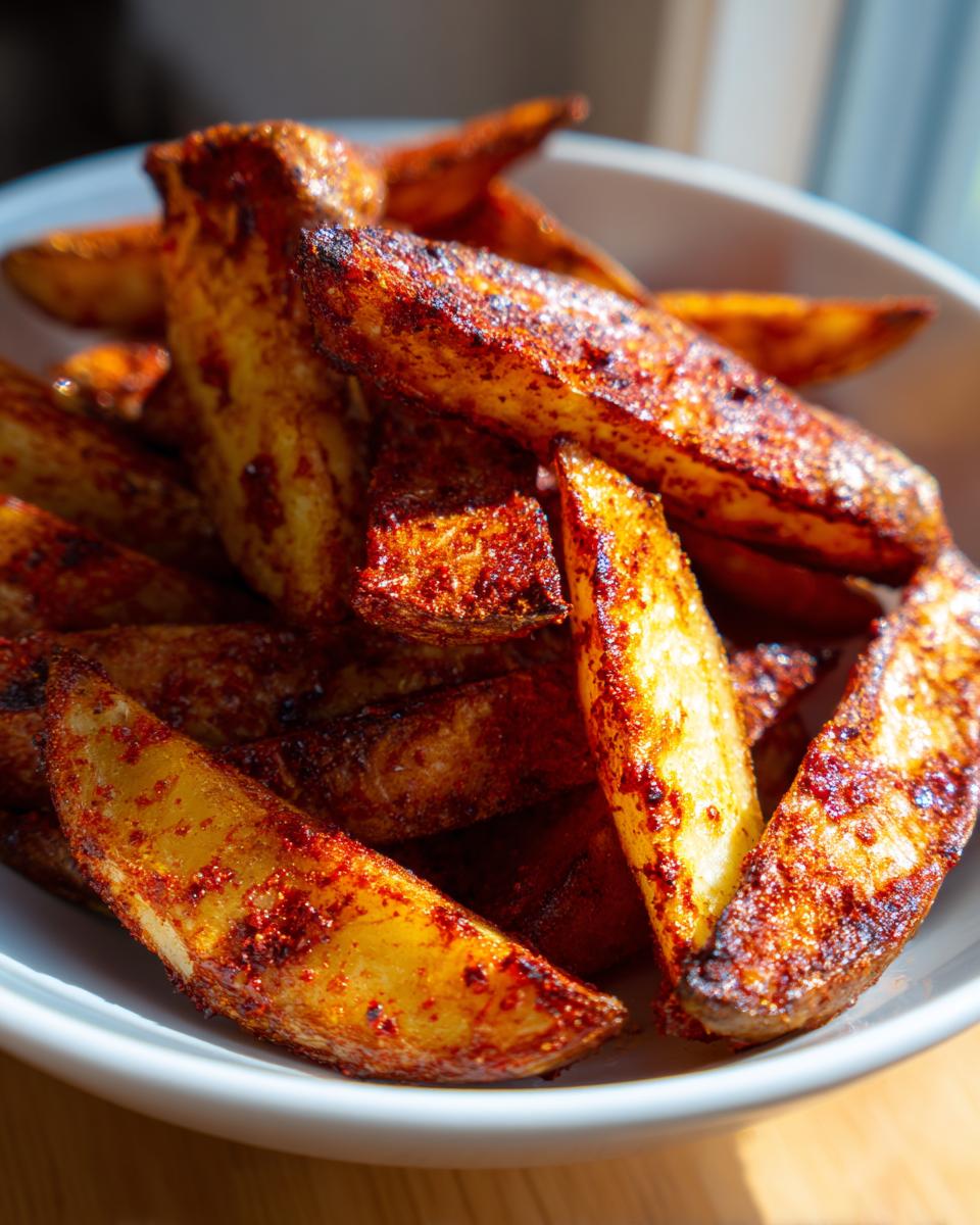 Close-up of perfectly seasoned and crispy air fryer potato wedges piled high in a white bowl.