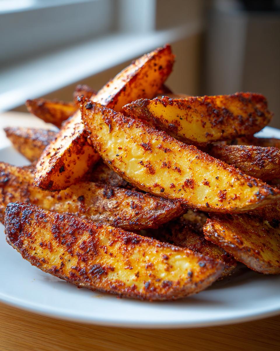 Close-up of a pile of crispy, golden brown air fryer potato wedges coated in dark seasoning on a white plate.