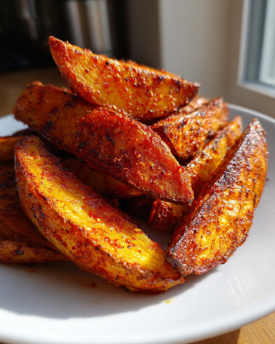 Close-up of perfectly cooked, golden-brown air fryer potato wedges heavily seasoned with paprika.