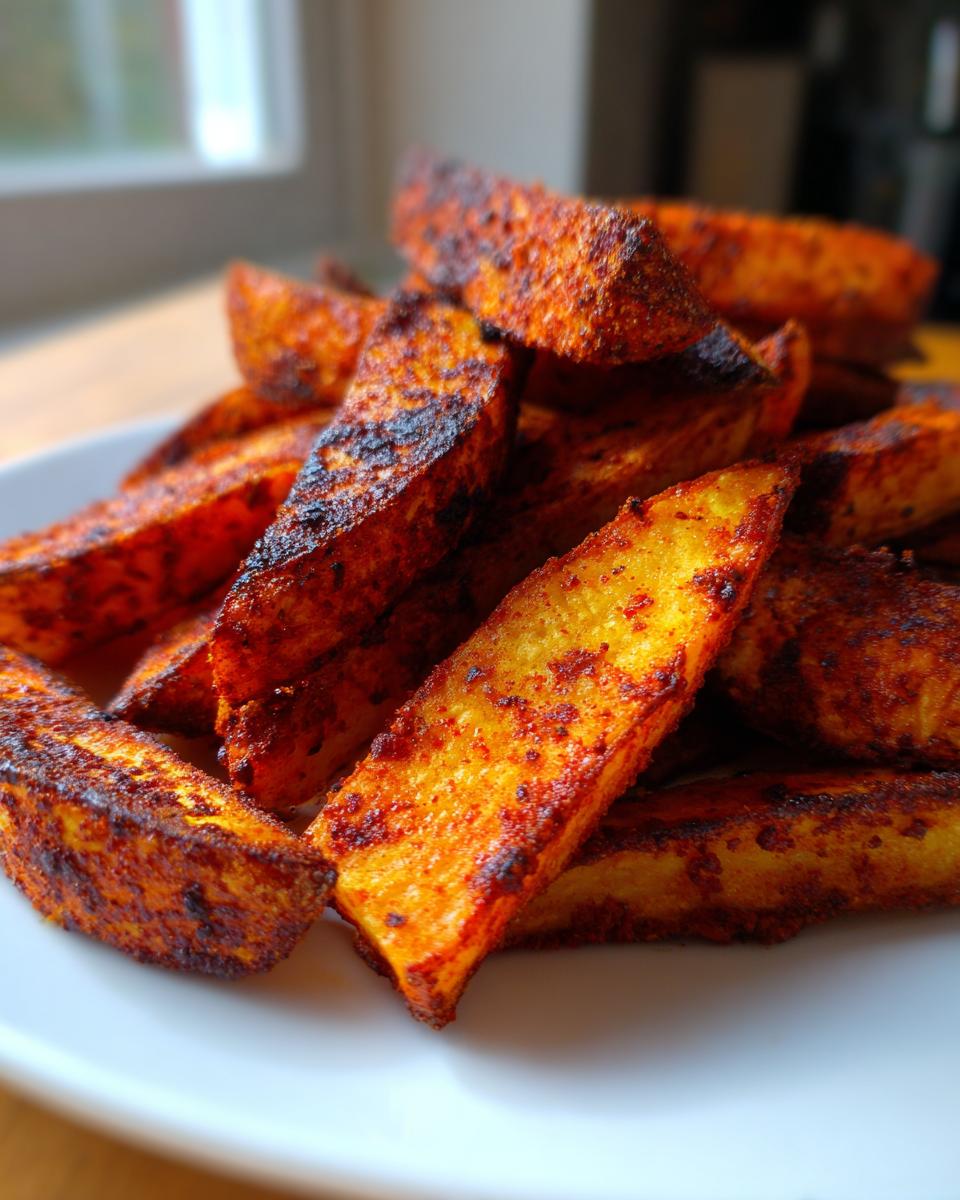 Close-up of perfectly seasoned and crispy air fryer potato wedges piled on a white plate.