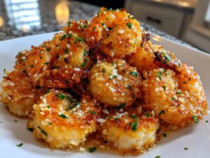 A close-up of crispy, golden brown air fryer shrimp seasoned with minced garlic and fresh parsley.