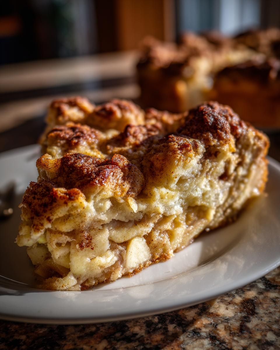 A close-up view of a moist slice of apple cobbler with a cinnamon crumb topping on a white plate.
