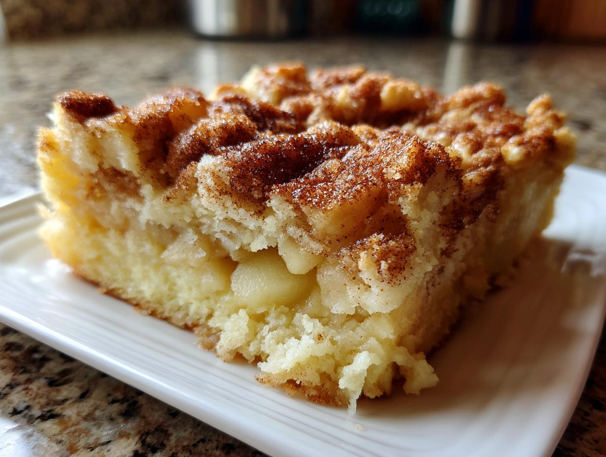 Close-up of a moist slice of apple cobbler featuring chunks of apple and a thick, sugary cinnamon crumble topping.