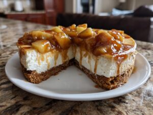 A slice removed from an amazing apple pie cheesecake showing the thick graham cracker crust and creamy filling topped with caramelized apples.