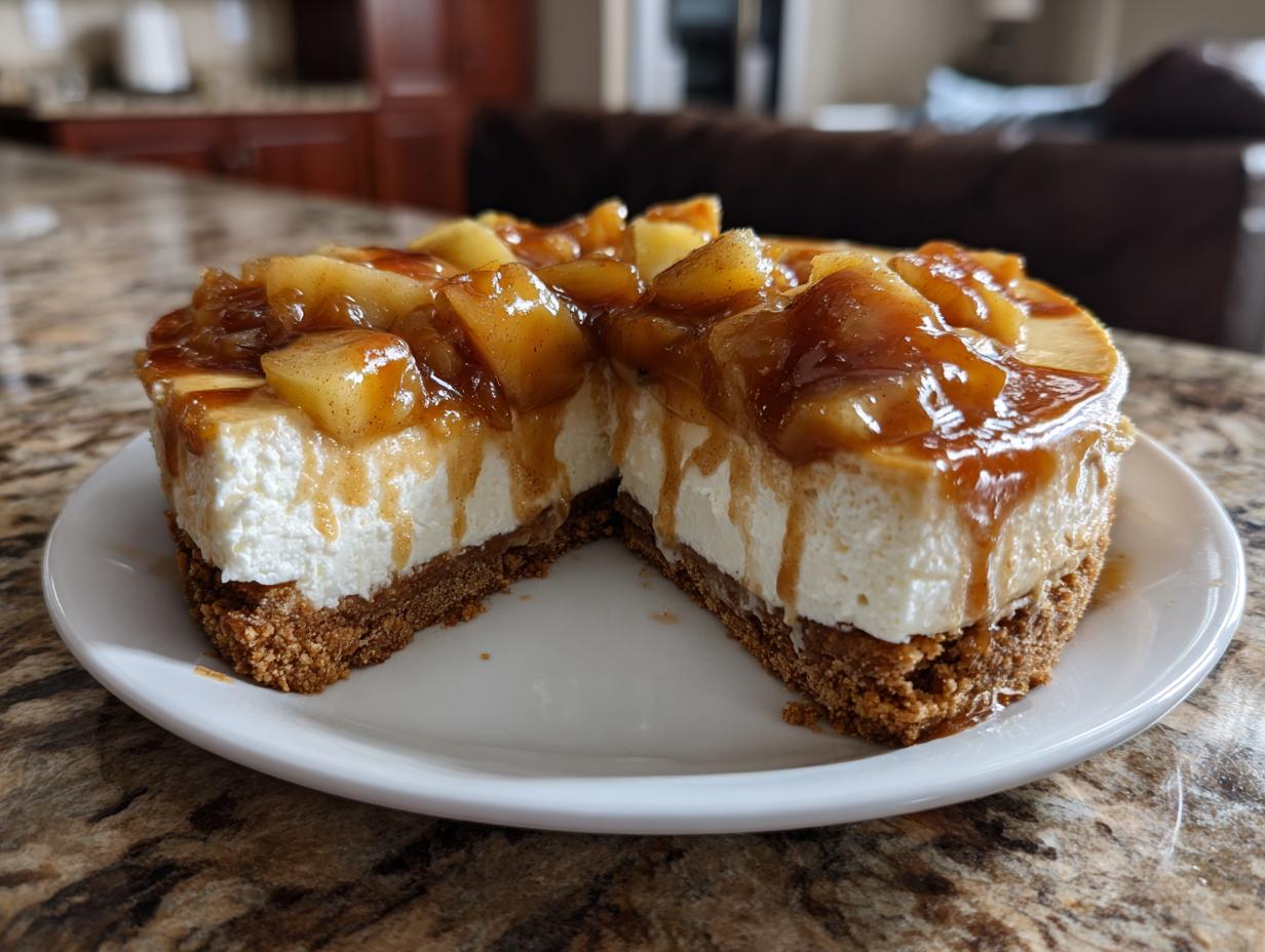 A slice removed from an amazing apple pie cheesecake showing the thick graham cracker crust and creamy filling topped with caramelized apples.