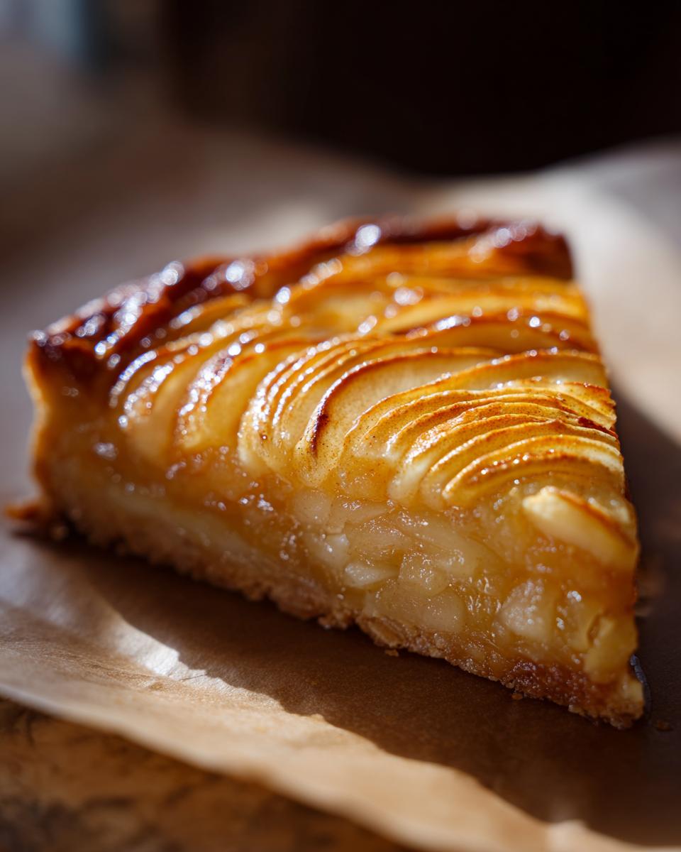 Close-up of a single slice of apple tart showing perfectly arranged, thin apple slices and a shiny glaze.