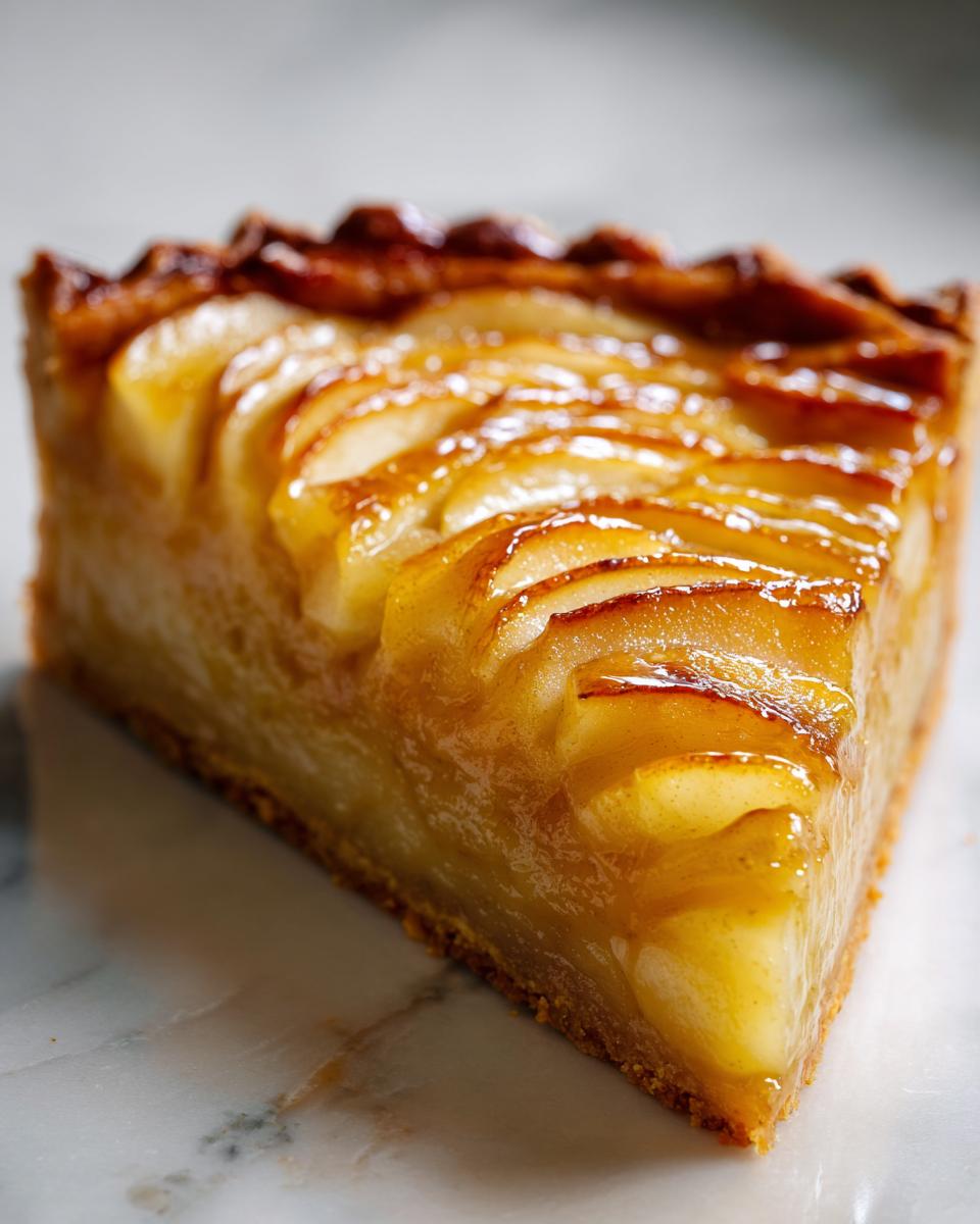 Close-up of a perfect slice of apple tart showing thinly sliced, glazed apples and a crisp crust.