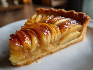 Close-up of a perfect slice of apple tart showing layered, glazed apples and a crisp crust.