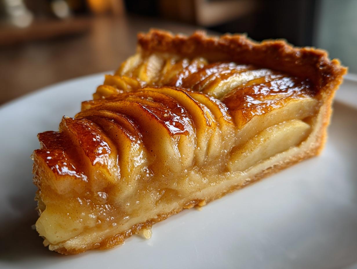 Close-up of a perfect slice of apple tart showing layered, glazed apples and a crisp crust.
