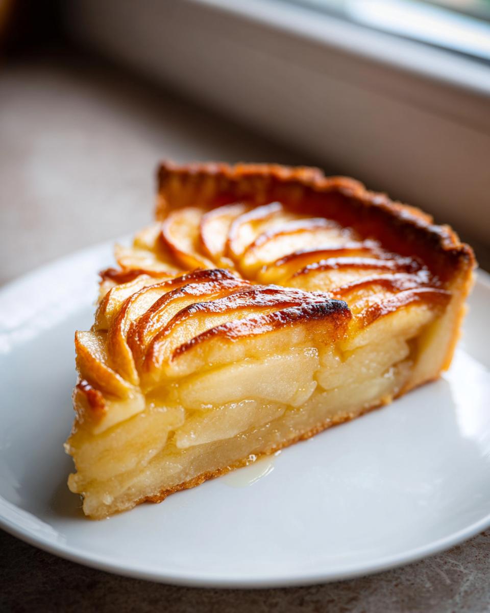 A close-up of a perfect slice of apple tart, showing layered, glazed apples and a crisp, golden crust.