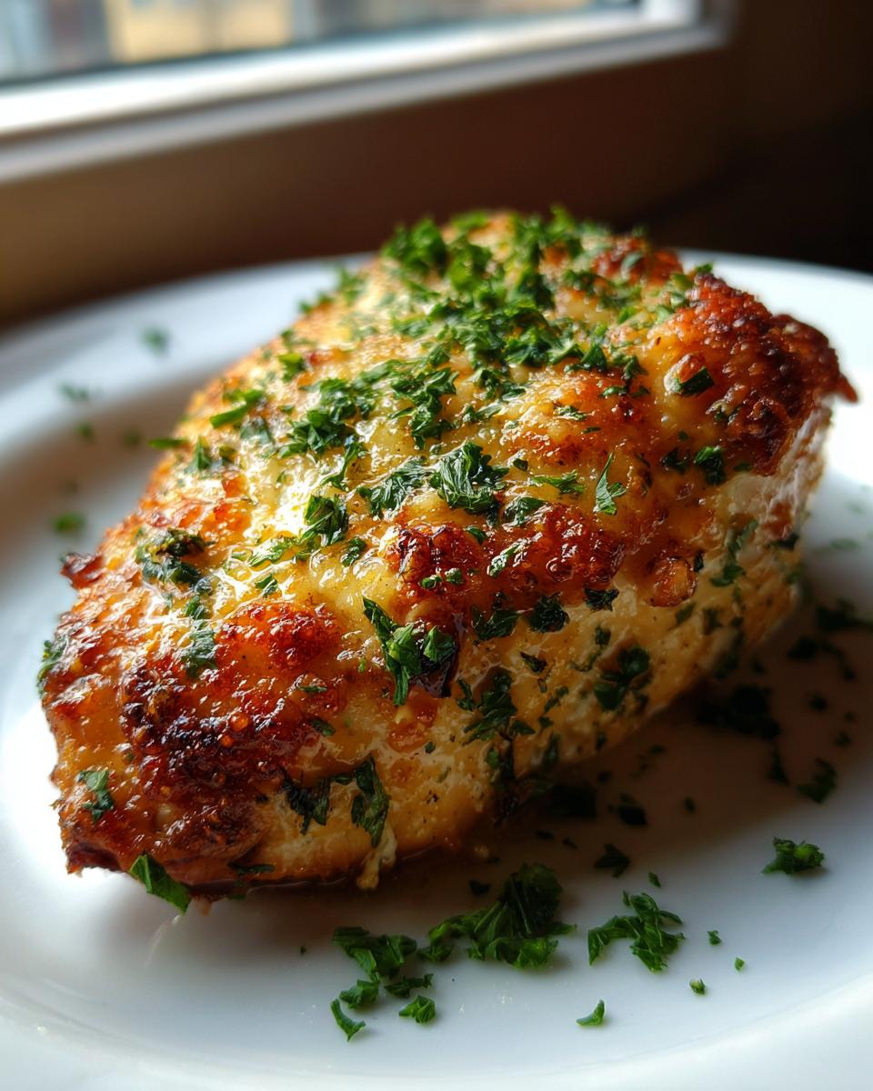 A close-up of a juicy baked chicken breast topped with melted, browned cheese and fresh parsley.