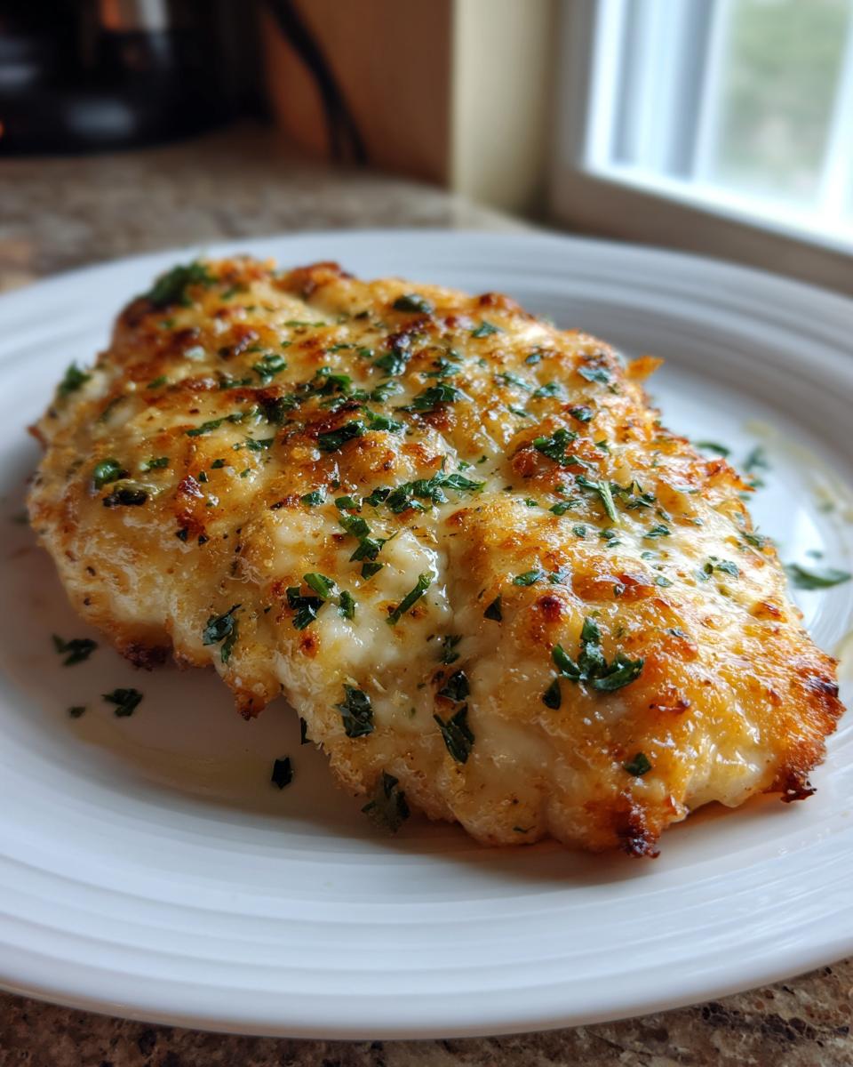 A close-up of a perfectly baked chicken breast topped with melted cheese and fresh parsley.
