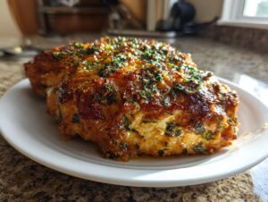 A golden brown, juicy baked chicken breast topped with melted butter and fresh parsley herbs.