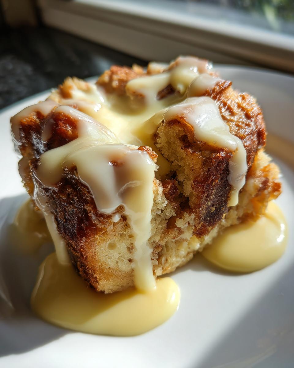 Close-up of a serving of amazing bread pudding drenched in rich, creamy vanilla sauce.