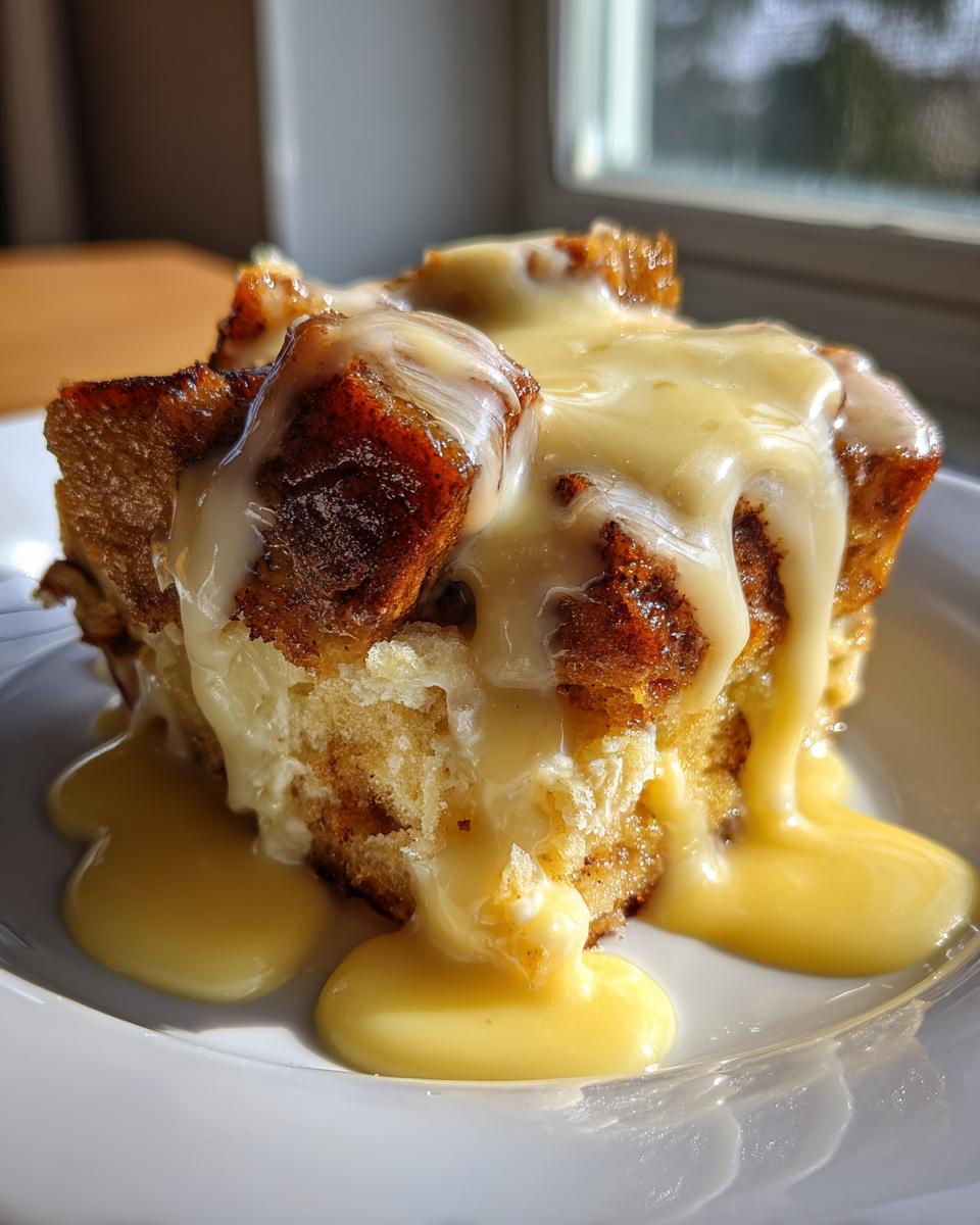 A close-up of a rich slice of bread pudding topped generously with vanilla sauce or custard.