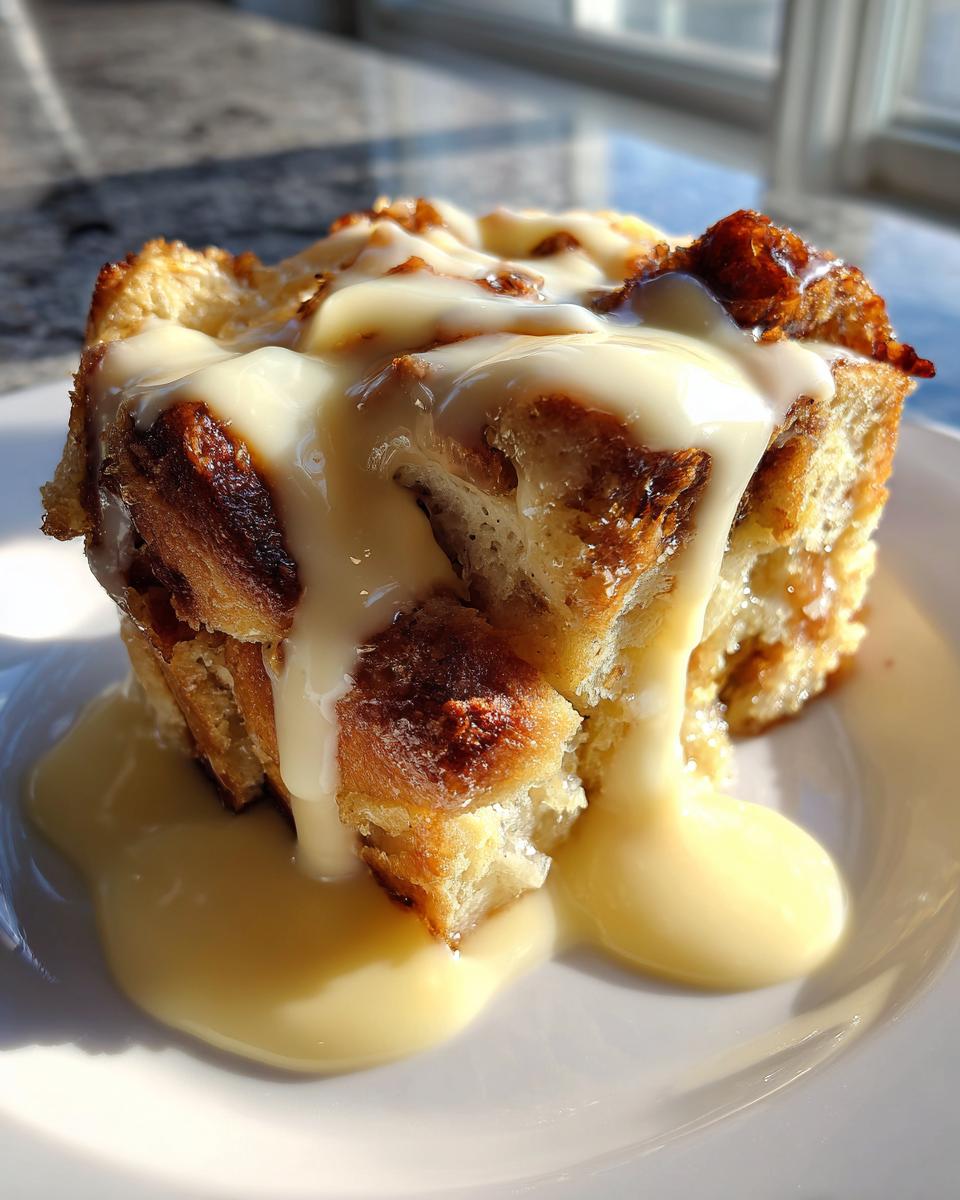 A square portion of amazing bread pudding topped generously with thick, creamy vanilla sauce.