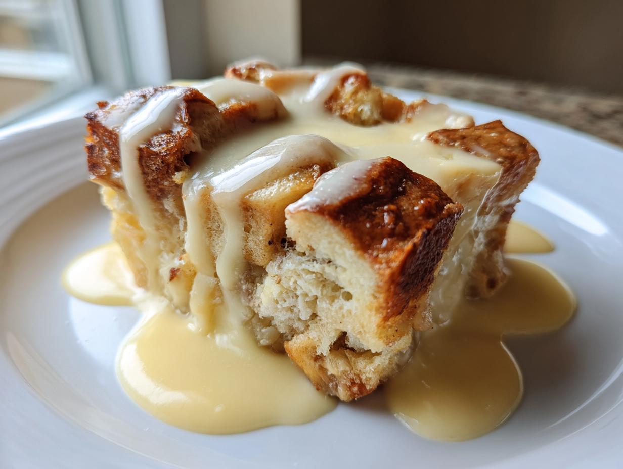 A close-up of a square serving of amazing bread pudding drenched in thick vanilla sauce on a white plate.