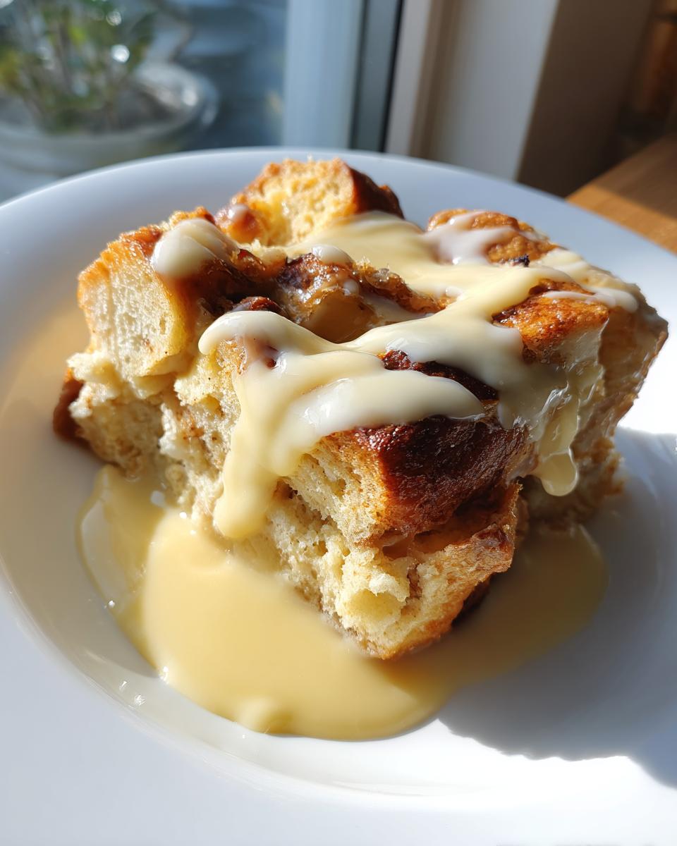 A close-up of a serving of amazing bread pudding topped with a thick vanilla cream sauce, sitting on a white plate.