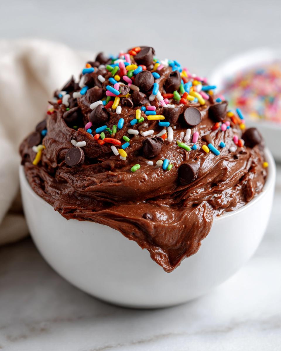 A close-up of thick, rich brownie batter dip overflowing from a white bowl, topped generously with colorful sprinkles and chocolate chips.
