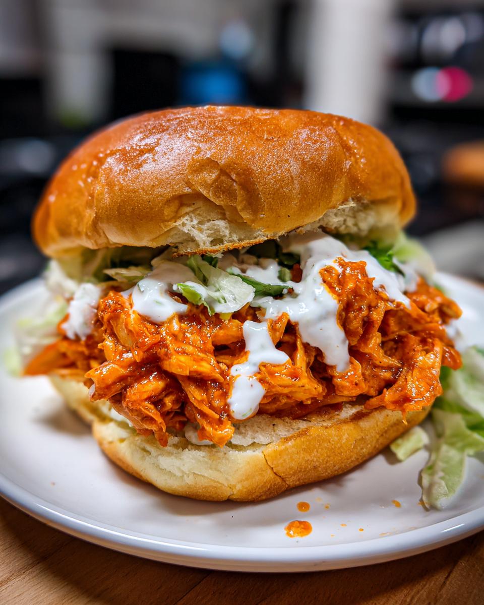 Close-up of a delicious buffalo chicken sandwich piled high with shredded chicken, ranch, and lettuce on a toasted bun.