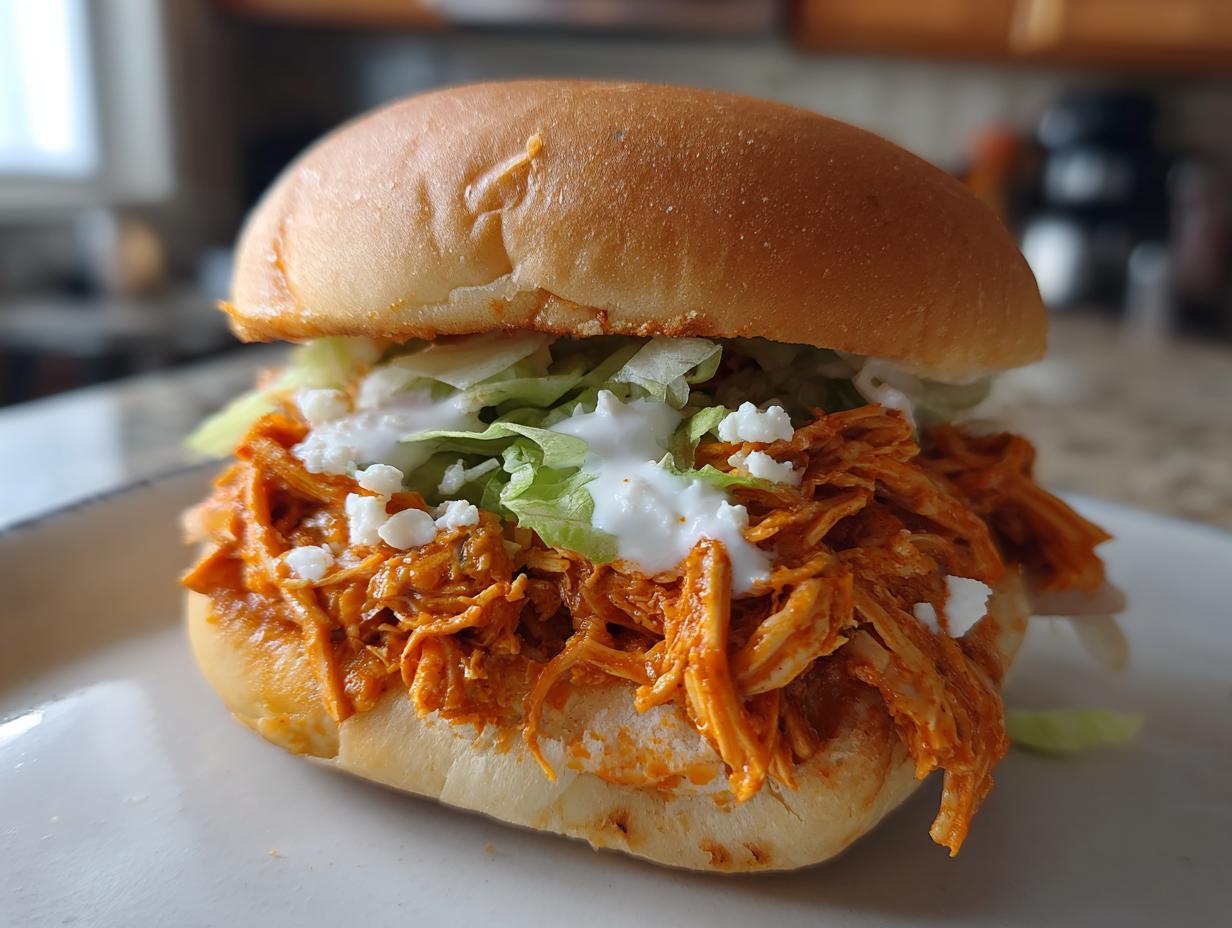 A close-up of a delicious buffalo chicken sandwich piled high with shredded orange chicken, lettuce, and white cheese/sauce on a soft bun.