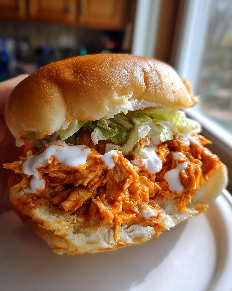 Close-up of a juicy buffalo chicken sandwich overflowing with shredded chicken, lettuce, and ranch dressing on a soft bun.