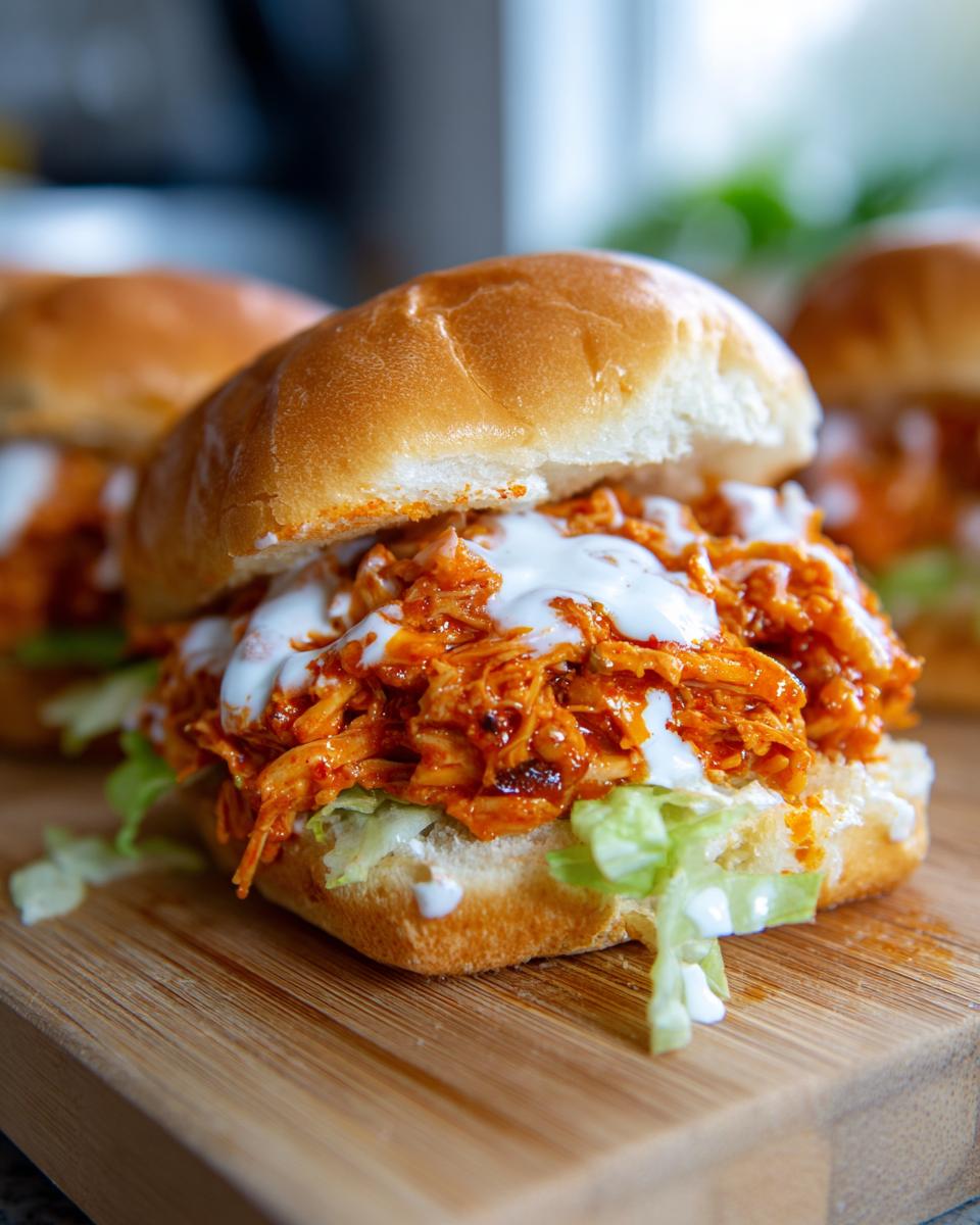 Close-up of a delicious buffalo chicken slider piled high with shredded meat, ranch dressing, and lettuce on a soft bun.