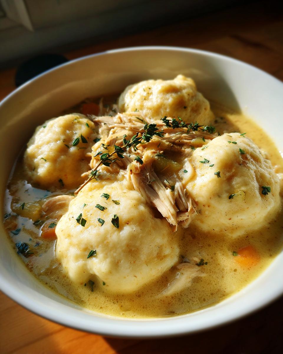 A close-up of a bowl filled with rich broth, shredded chicken, and fluffy dumplings from the chicken and dumpling recipe.
