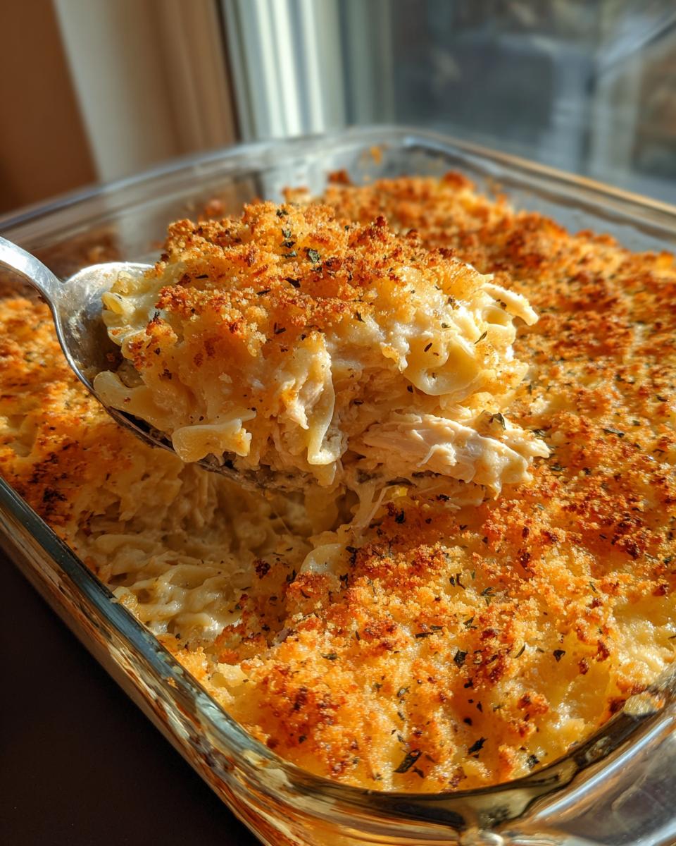 A spoonful of creamy chicken noodle casserole with shredded chicken and a golden breadcrumb topping being lifted from a glass dish.