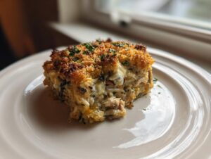 A square serving of creamy chicken wild rice casserole with a golden, crispy topping.