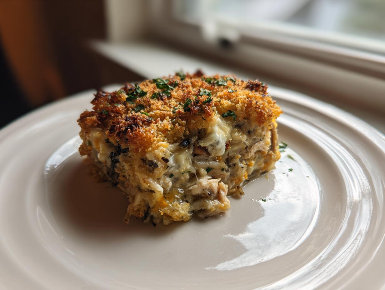 A square serving of creamy chicken wild rice casserole with a golden, crispy topping.