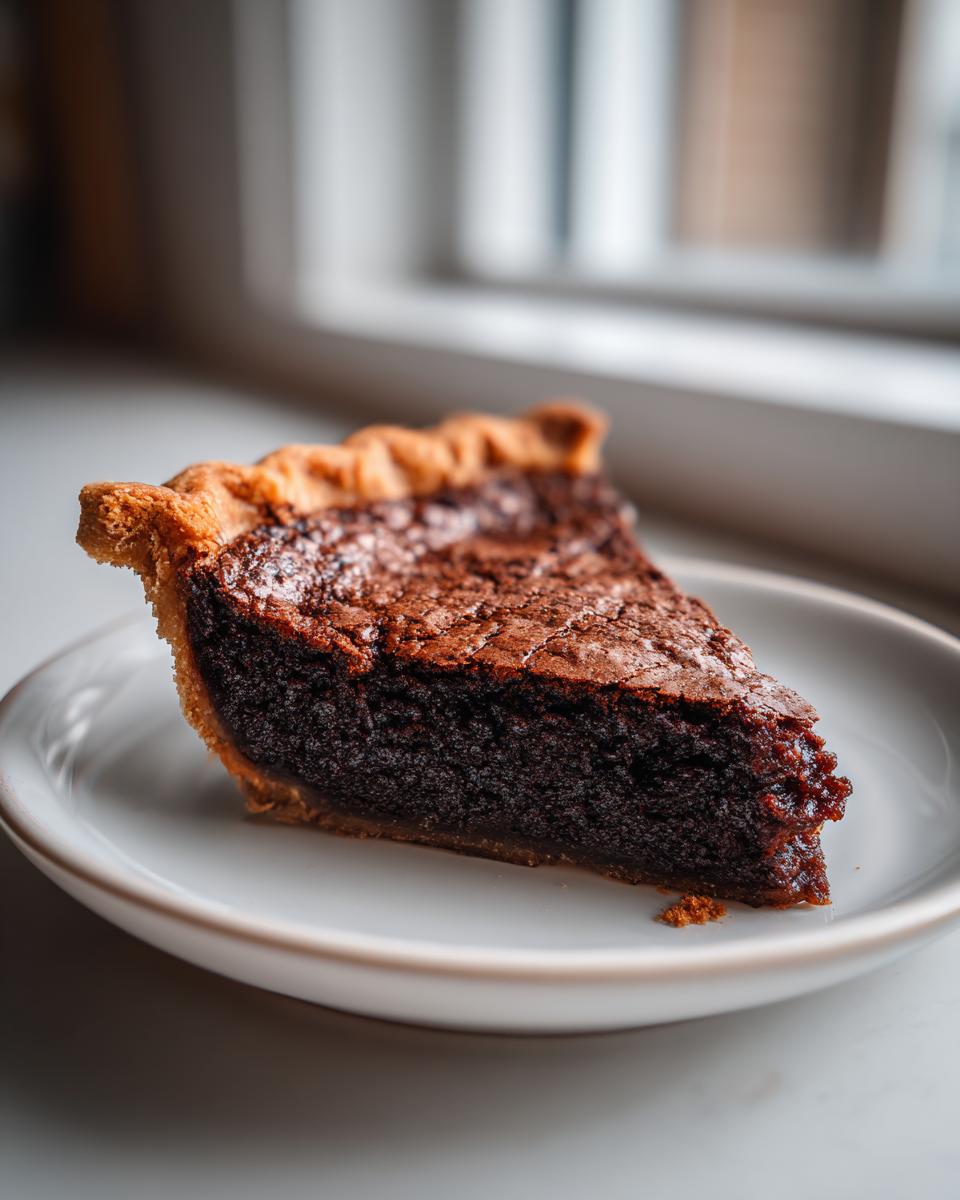 A close-up of a rich, dark slice of chocolate chess pie with a flaky crust, sitting on a white plate.