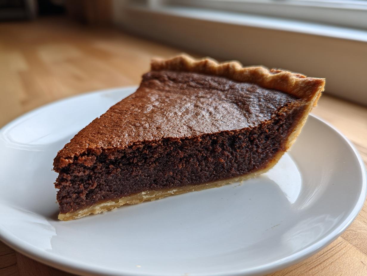 A perfect slice of amazing chocolate chess pie showing its rich, dark filling and flaky crust, served on a white plate.