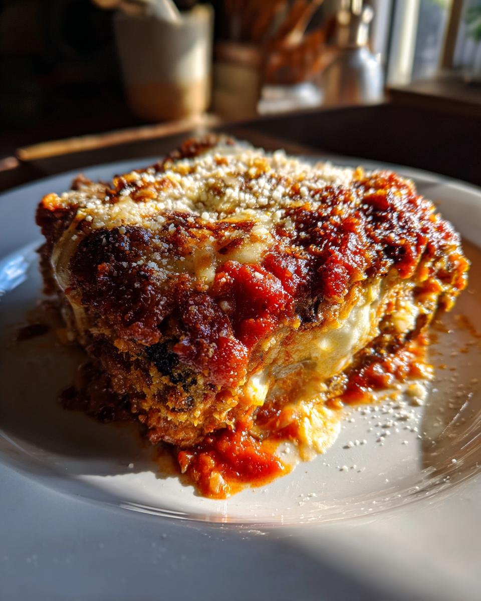 A close-up, sunlit serving of rich eggplant parmesan layered with sauce and topped with grated cheese.