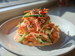 A mound of creamy, shredded kani salad mixed with cucumber and topped with black sesame seeds, served on a white plate.