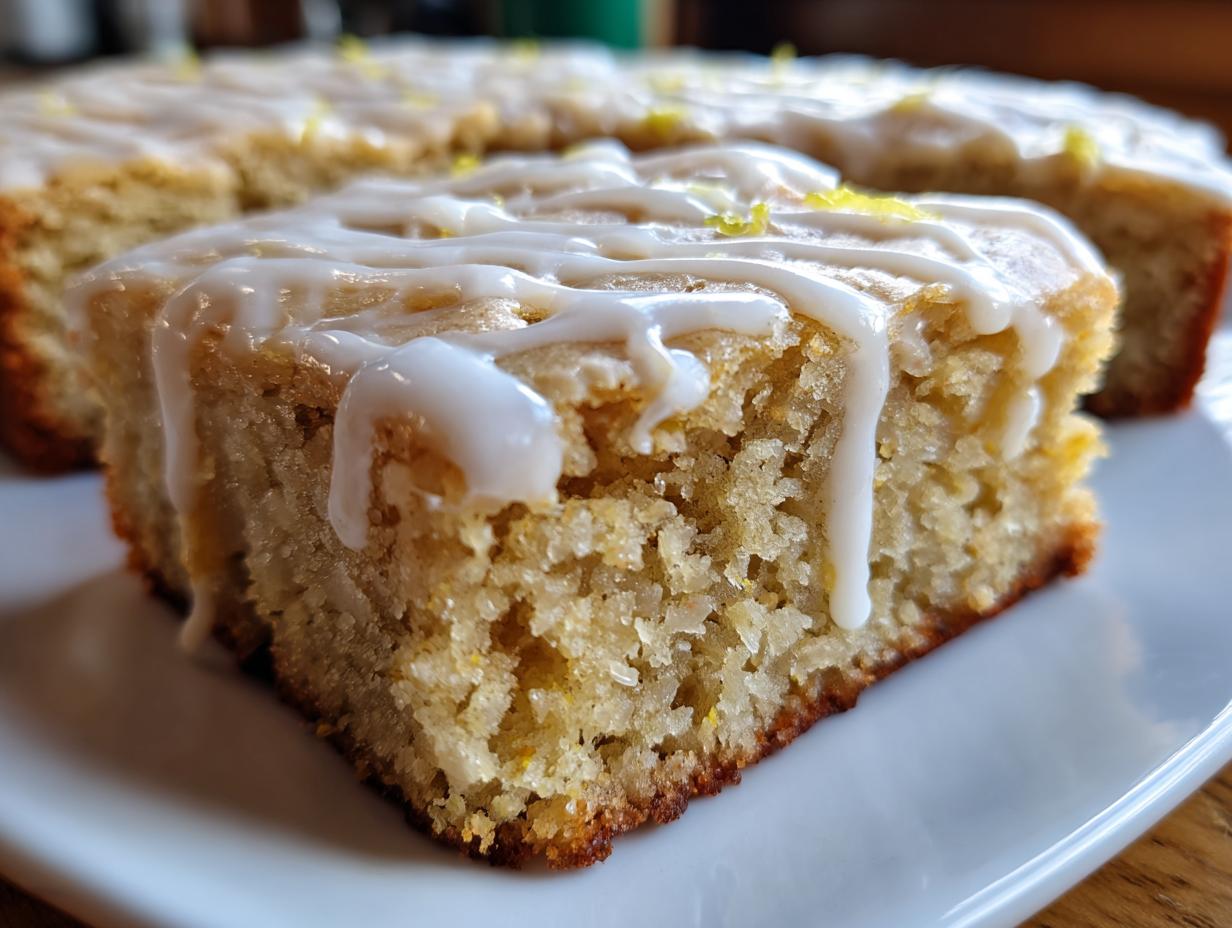 Close-up of a moist square of lemon brownies topped with white lemon glaze drizzle and zest.