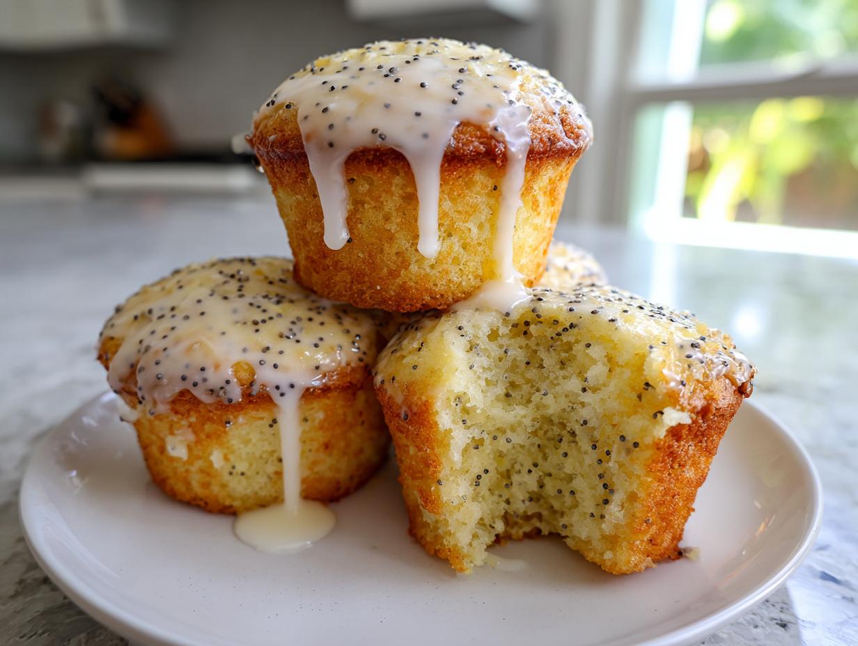 A stack of moist lemon poppy seed muffins topped with a dripping lemon glaze and poppy seeds.