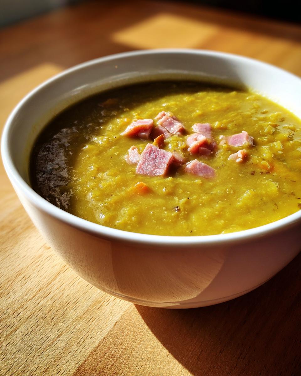 Close-up of a white bowl filled with thick, yellow-green pea soup, topped with diced ham, sitting on a wooden surface.