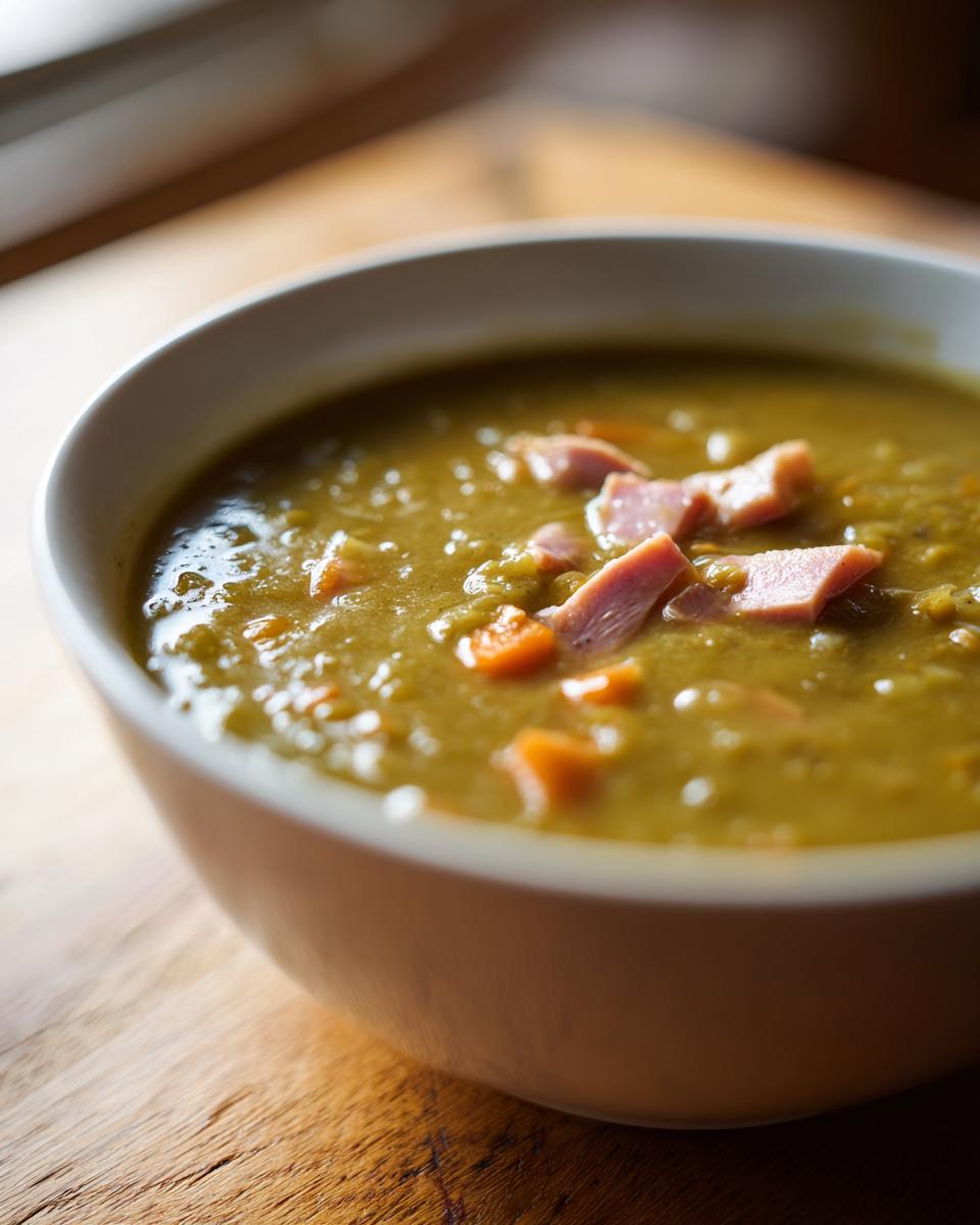 A close-up of a bowl of thick, green pea soup topped with diced ham and carrots.