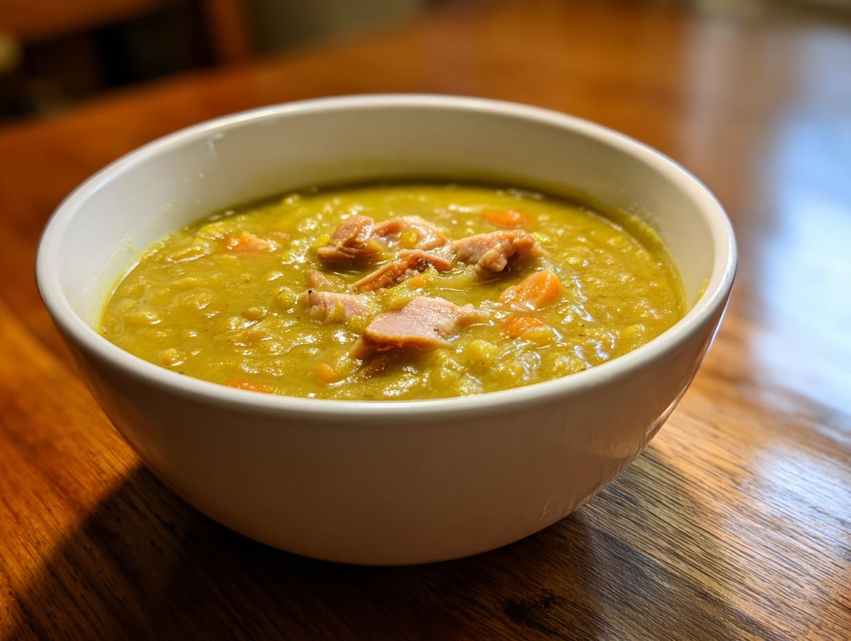 A close-up of a white bowl filled with thick, green pea soup topped with chunks of ham and carrots.