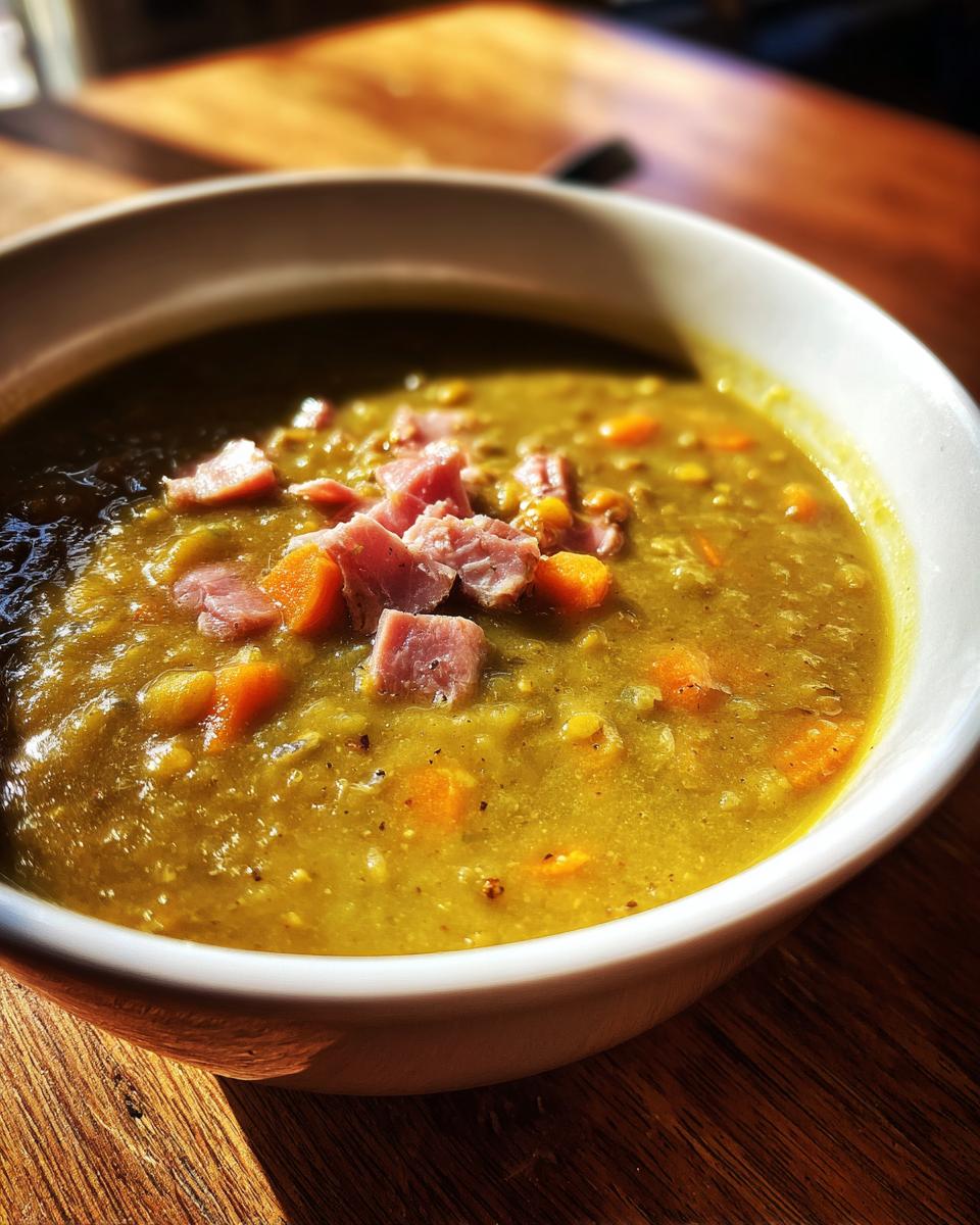 Close-up of thick, green pea soup topped with diced ham and carrots in a white bowl.