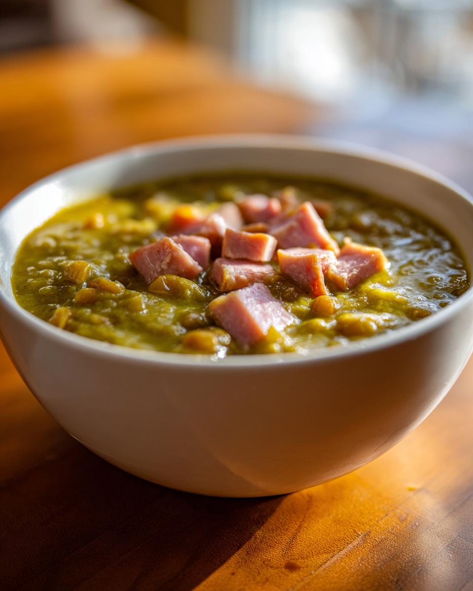 Close-up of a thick, green pea soup topped with diced ham cubes in a white bowl.